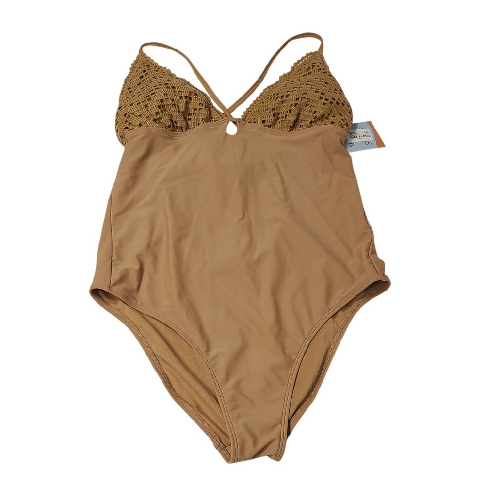 Shade & Shore Womens Brown Crochet Knit High Leg Cheeky One Piece Swimsuit L NEW